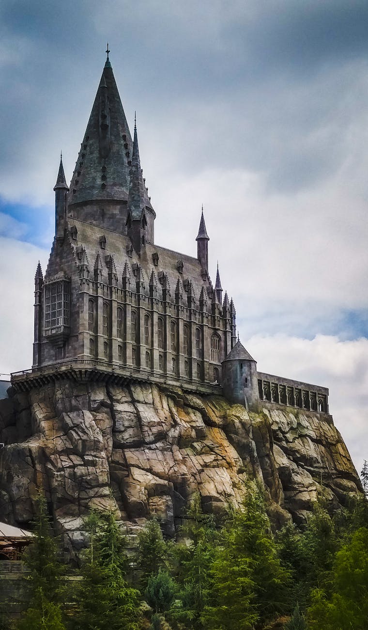 Dramatic view of Hogwarts Castle towering at Universal Studios, California.