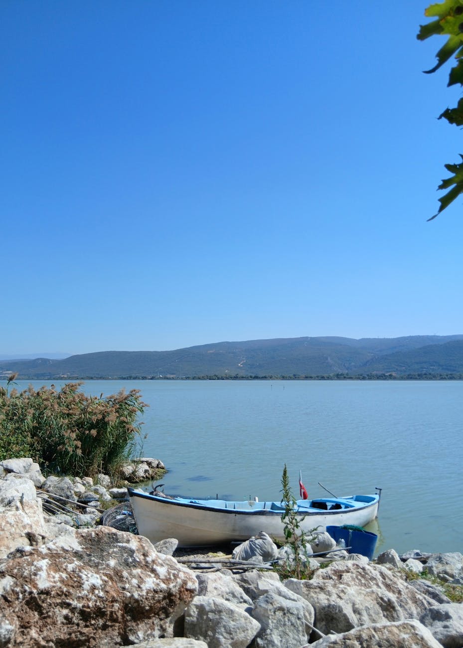 Peaceful lakeside view featuring a lone boat on a rocky shore under a clear blue sky.